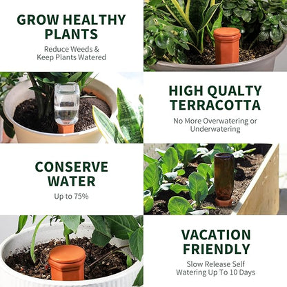 Soilagua Large Terracotta Watering Spikes with Lids, Automatic Plant Waterer Outdoor | Indoor, Vacation Friendly Clay Plant Watering Devices System, Slow Release Self Watering Planter Insert, 6 Pack