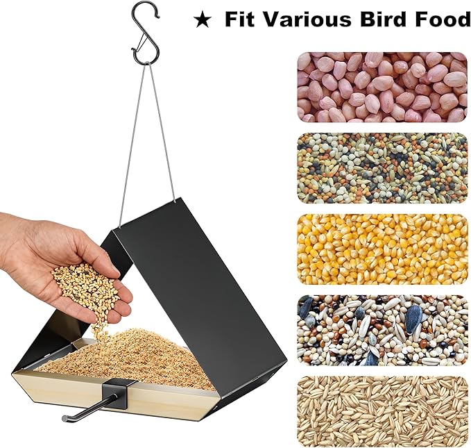 HOSUN Black Sturdy Metal Roof Bird Feeder - Durable Outdoor Hanging, Easy to Clean, Metal Mesh Ventilated, Bird Watching Gift & Garden Decor for Cardinals, Bluebirds & Wild Birds