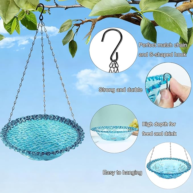3-Tier Hanging Solar Bird Bath Fountain, Solar Pump Cascading Water Feeder with 16.4FT Extra Long Cord, Large Bird Bowl for Hummingbirds Wild Birds (4PCS-Bule)