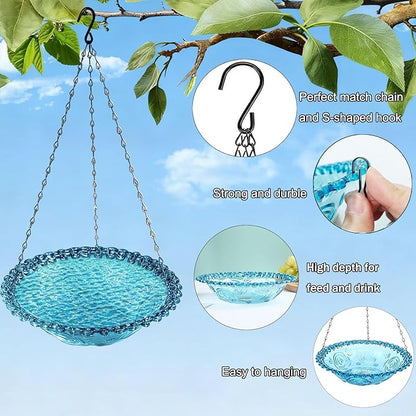 3-Tier Hanging Solar Bird Bath Fountain, Solar Pump Cascading Water Feeder with 16.4FT Extra Long Cord, Large Bird Bowl for Hummingbirds Wild Birds (4PCS-Bule)