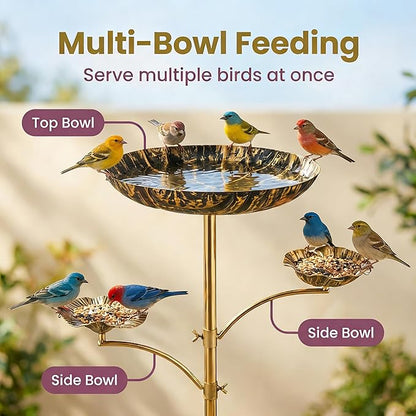 HUFAND Triple Bowl Bird Bath for Outside, 3-in-1 Bird Bath & Feeder with 4-Claw Ground Stake, 51in Height, 11.8in Large Top Bowl, Outdoor Birdbath for Garden Patio Yard Decor, Black Gold