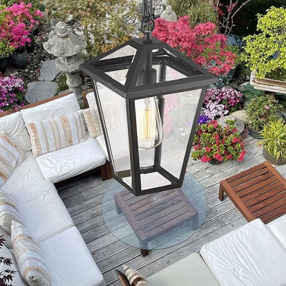 Outdoor Pendant Light for Porch, Exterior Hanging Lantern Outside Chandelier in Black Finish with Clear Glass, Ceiling Mount Outdoor Lighting for Entryway, Doorway, Farmhouse, Waterproof