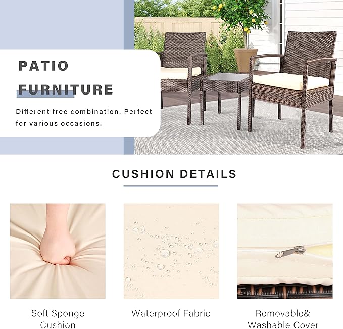3 Piece Outdoor Patio Furniture Sets, Rattan Conversation Set with Soft Cushion, Wicker Chairs with Coffee Table for Yard Backyard Lawn Porch Poolside Balcony, Beige