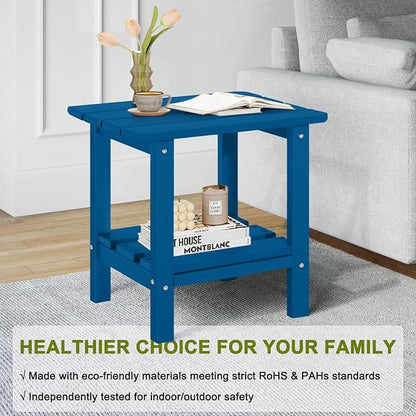 Adirondack Outdoor Side Table, 2-Tier Small Patio End Table, Weather Resistant HDPE Outdoor End Tables for Garden, Lawn, Pool, Beach, Porch, Deck, Backyard - Square, Dark Blue