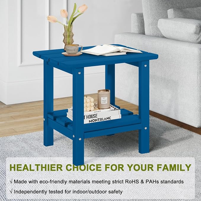 Set 2 Adirondack Outdoor Side Table, 2-Tier Small Patio End Table, Weather Resistant HDPE Outdoor End Tables for Garden, Lawn, Pool, Beach, Porch, Deck, Backyard - Square, Dark Blue