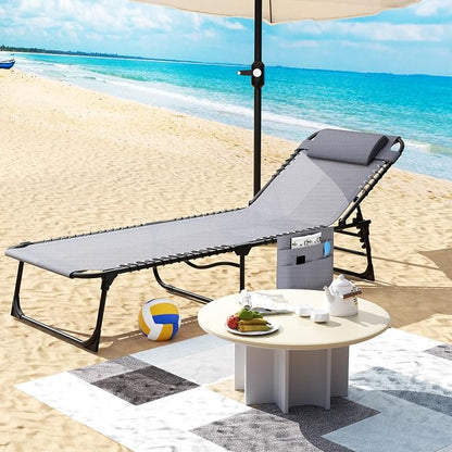 Outdoor Folding Lounge Chair, 4-Level Reclining Backrest Chaise Lounge, Removable Pillow & Side Pocket Design, Breathable Portable Tanning Chair for Poolside, Beach, Patio, Backyard