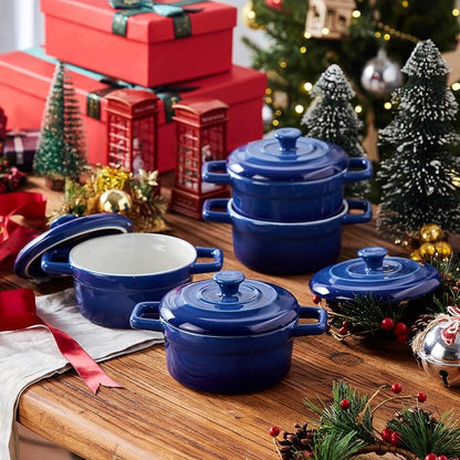 Lareina Mini Cocotte - 12oz Ceramic Casserole Dishes - Kitchen Casserole Sets With Handles And Lid - Small Baking Ramekins - Oven, Microwave & Dishwasher Safe - Set of 4 - Blue | Small casserole ramekins with handles, oven, microwave & dishwasher safe....