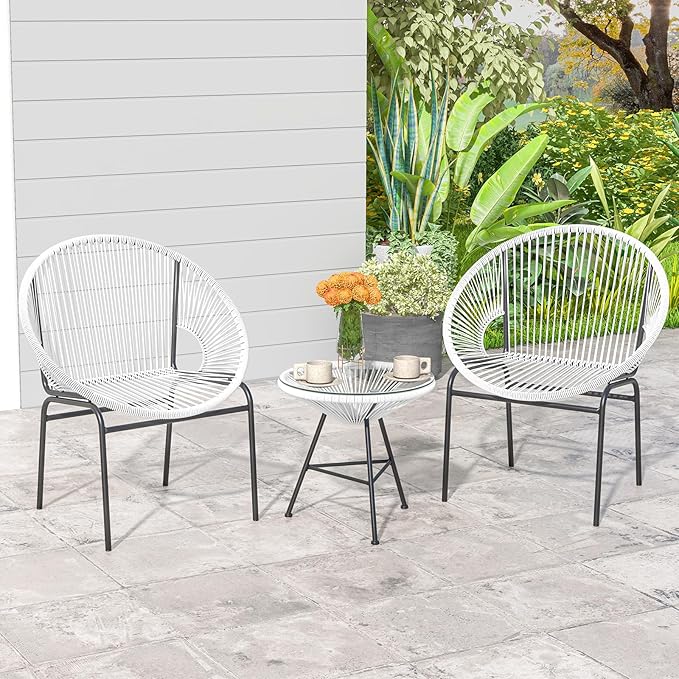 COSTWAY 3-Piece Outdoor Acapulco Chair Set, Wicker Conversation Bistro Sets with Plastic Rope, Glass Top Table, Patio Rattan Furniture Set for Garden, Balcony, Lawn, Backyard, Apartment, White