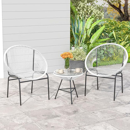 COSTWAY 3-Piece Outdoor Acapulco Chair Set, Wicker Conversation Bistro Sets with Plastic Rope, Glass Top Table, Patio Rattan Furniture Set for Garden, Balcony, Lawn, Backyard, Apartment, White