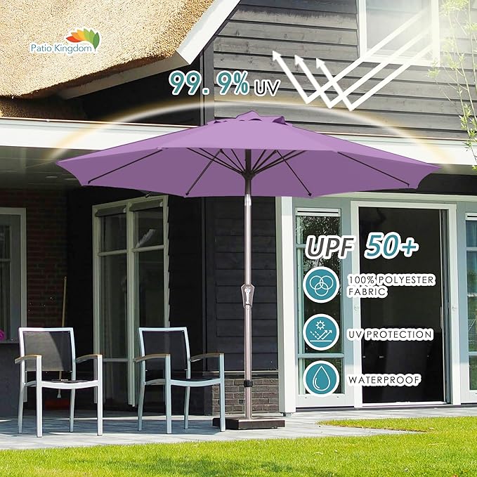 PatioKingdom 9FT Patio Outdoor Umbrella-UPF 50+ Sun Shade with Wind Vent, Push-Button Tilt & Smooth Crank Lift, Rust-Resistant Fiberglass Frame for Garden, Backyard,Yard (Taro Purple, 9FT)