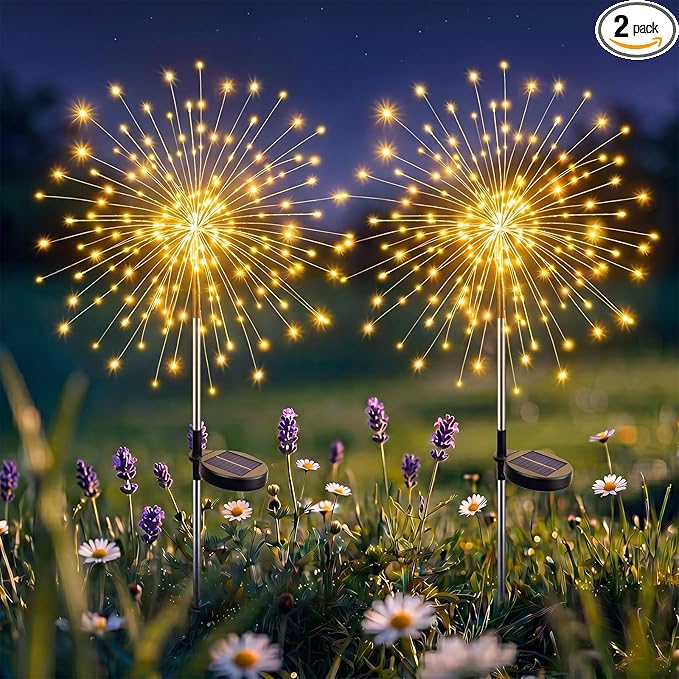 btfarm 2 Pack Solar Garden Lights Outdoor 8 Modes, 120 LED Firework Lights Solar Powered, Waterproof Twinkle Fairy Light Outside for Yard Pathway Lawn Pool Patio Christmas Decorative, Warm White