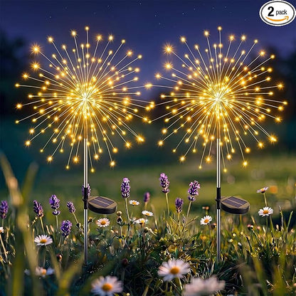 btfarm 2 Pack Solar Garden Lights Outdoor 8 Modes, 120 LED Firework Lights Solar Powered, Waterproof Twinkle Fairy Light Outside for Yard Pathway Lawn Pool Patio Christmas Decorative, Warm White
