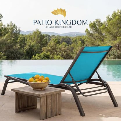 3-Piece Patio Chaise Lounge Set with Side Table, Set of 2 Adjustable Pool Chairs and Aluminum Bistro Table, All-Weather Outdoor Furniture for Pool Deck, Patio & Tanning, Sky Blue