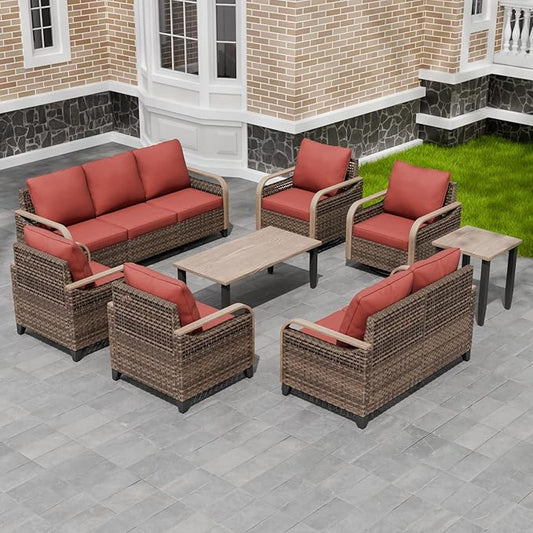 Modern Wicker Patio Furniture Set, Rattan Outdoor Conversation Set， 2 Patio Chairs, 2 Swivel Rocking Chairs, 3 Seat Couch, Loveseat, Coffee Table and Side Table, 8 Pieces, Brown/Red