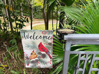 Railing Bird Feeder with Cardinal Flag for Balcony/Deck/Porch 8" Platform Bird Seed Tray and Garden Flag Handrail Mount Metal Mesh Feeder for Wildbird Feeding