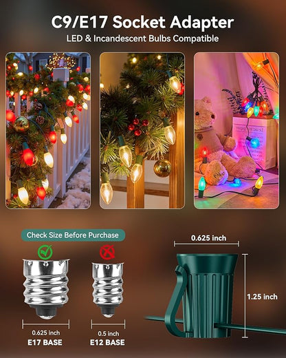 Brightown Commercial 250 FT C9 Christmas Light Sockets Set Spool, C9 Christmas Stringer Bulk Reel, C9 E17 Candelabra Base, SPT-1 8-Awg, Green Wire