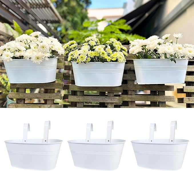 LaLaGreen Planter Boxes Outdoor (3 Pack, 9.8 Inch) Small and Cute White Metal Iron Hanging Flower Pots Deck Railings Fence Modern Garden Boho Style Wall Mount Window Box Plant Holder Porch Decor