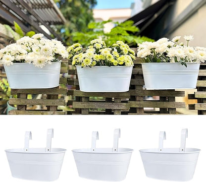 LaLaGreen Planter Boxes Outdoor (3 Pack, 9.8 Inch) Small and Cute White Metal Iron Hanging Flower Pots Deck Railings Fence Modern Garden Boho Style Wall Mount Window Box Plant Holder Porch Decor