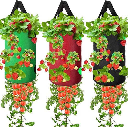 Honeydak Upside Down Tomato Strawberry Grow Bags Hanging Garden Planter Aeration Fabric Grow Bags for Strawberry Tomato Herb Vegetables Outdoor Plants(3 Pack,13 Holes Style)