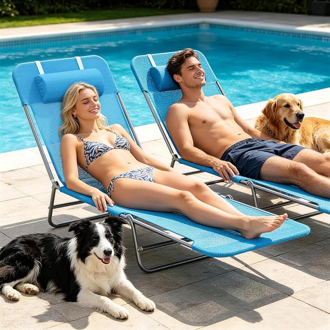 Outdoor Chaise Lounge with Detachable Pillow, Reclining Folding Chair with 5-Position Adjustable Back, Portable Tanning Chair For Beach, Pool, Lawn, Breathable Mesh Seat, No Assembly (Blue 3)