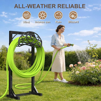Freestanding Garden Hose Stand, Heavy Duty Water Hose Holder with Tool Hooks, 4 Anchoring Spikes, 150 ft Storage for Yard & Lawn