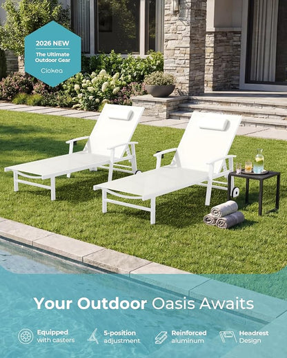 Ciokea Outdoor Lounge Chair with Pillow, 5-Position Aluminum Chaise Lounge with Wheels & Armrests, 400 lbs Heavy Duty Patio Pool Chair for Deck, Backyard, Beach & Poolside, White
