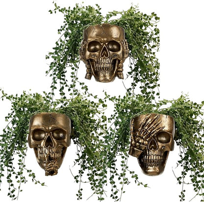 3 Pcs Skull Planter Skeleton Wall Hanging Planter Pot Gothic Spooky Head Face Flower Pot Garden Decor for Festival Party Indoor Outdoor Plants Home Garden Office Decorations(Gold)