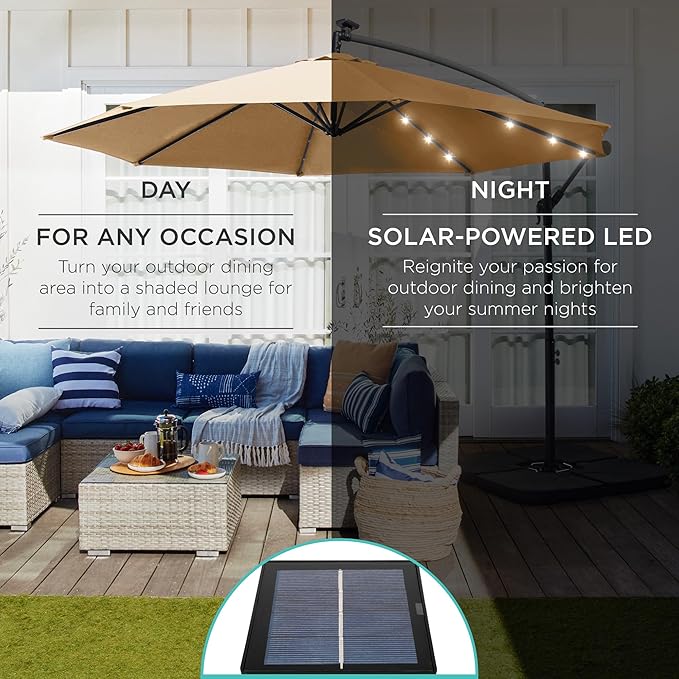 Best Choice Products 10ft Solar LED Offset Hanging Market Patio Umbrella for Backyard, Poolside, Lawn and Garden w/Easy Tilt Adjustment, Polyester Shade, 8 Ribs - Sand