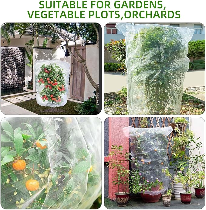 Garden Mesh Netting for Plants, 4 Pack Insect Bird Barrier Net Mesh with Drawstring, 3.3x2.6 FT Garden Bug Netting Plant Cover for Protect Fruit Tree Vegetable Flower