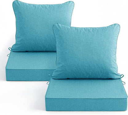 Summsun Faux Linen Outdoor Chair Cushions, Water Resistant Backrest and Deep Seat Cushion Set with Removable Cover, Straps, Non-Slip Bottom for Patio Furniture, 22 x 22 Inch, Teal, Set of 2