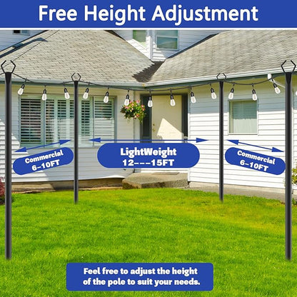 2 Pack 10 ft Heavy Duty Metal String Light Poles Adjustable Outdoor Lighting Stand for Patio,Backyard,Garden,Party & Wedding Rustproof & Sturdy with Hooks