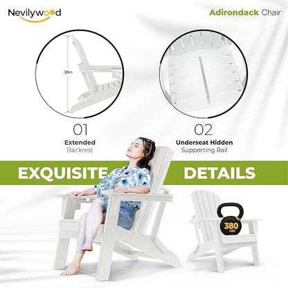nevilywood Folding Adirondack Chair, Ergonomic Extended Backrest, HDPE All-Weather, 380lbs Capacity, Maintenance-Free, Cup Holder, （White）- Outdoor Patio & Firepit Chair