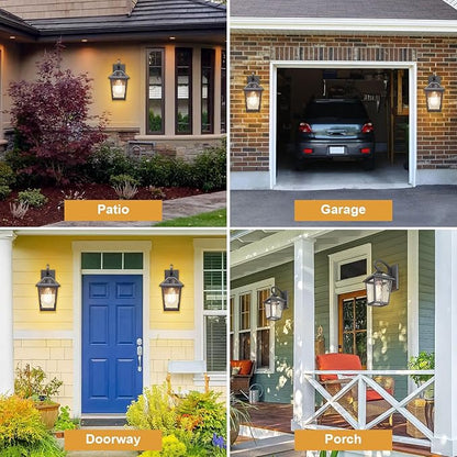 Outdoor Lights Fixtures Wall Mount, Outdoor Wall Lantern with Water Ripple Glass, Waterproof Outside Exterior Wall Sconce Lights Fixture for House, Front Porch, Patio, Matte Black, 2Packs