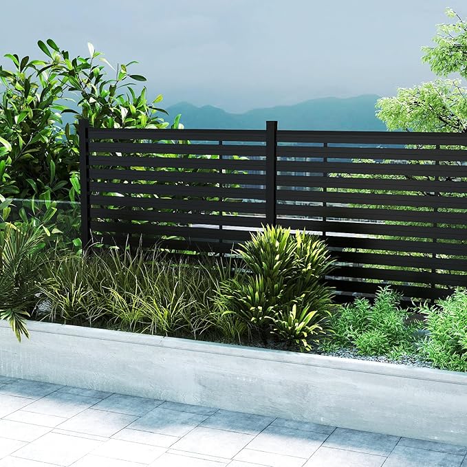 Outdoor Privacy Fence WPC, AC Unit Air Conditioner Screen 5 FT(H) x 6 FT(W) Trash Can with Aluminum Alloy Post, Decorative Fencing, Black with 1 Post