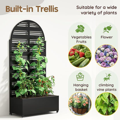 Metal Raised Garden Bed with Trellis & Wheels,72" x 35"x 15.7" Planter Box with Trellis,Privacy Planters for Patio,Garden Bed for Climbing Plants,Suitable for Climbing Plants and Vegetables,Black