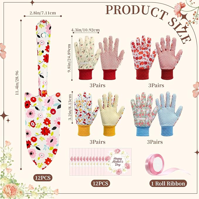 Sliner 12 Sets Floral Garden Shovels and Gloves Bulk Gardening Gift for Women, Heavy Duty Trowels with Mother's Day Cards and Bags for Mom Grandma Birthday Gift