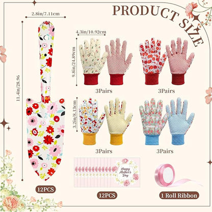 Sliner 12 Sets Floral Garden Shovels and Gloves Bulk Gardening Gift for Women, Heavy Duty Trowels with Mother's Day Cards and Bags for Mom Grandma Birthday Gift
