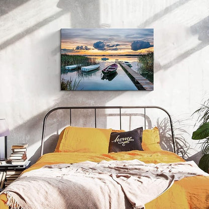 Lake Landscape Canvas Art: Modern Sunset Scene Wall Painting Natural Shore Long Pier Prints Colorful Wilderness Boat Picture Horizontal Mountain Reed Gallery Artwork for Bedroom Bathroom