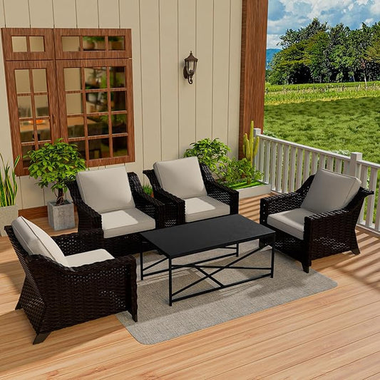 Vista Vibe 5 Pieces Outdoor Rattan Patio Conversation Furniture Set - 4 Wicker Chairs | Steel Coffee Table, Premium & Washable Cushions, Living Room, Poolside (Brown/Beige)