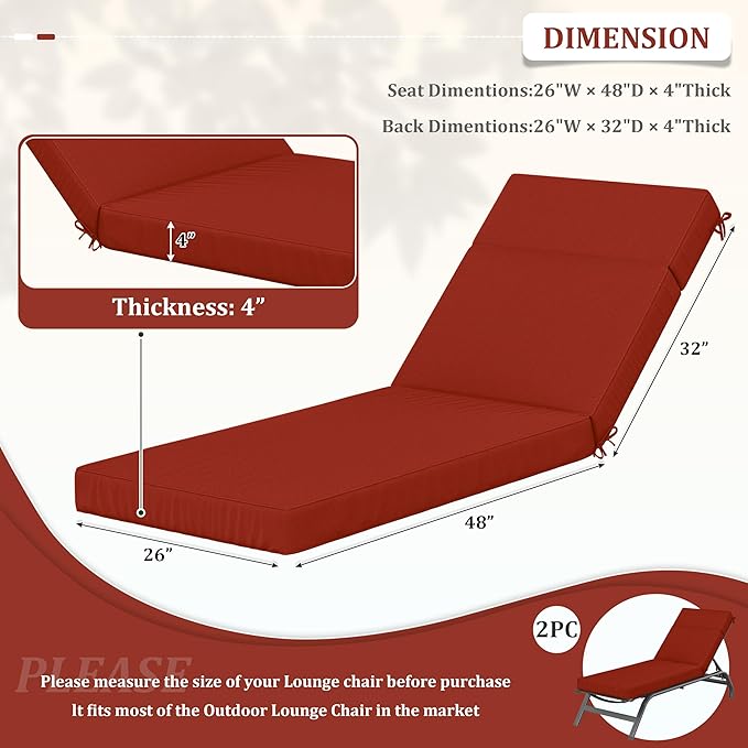2 Pcs Chaise Lounge Cushions Outdoor, 80" L X 26" W X 4" D Lounge Chair Cushions for Outdoor Furniture, High-Density Foam Patio Chaise Cushion-Waterproof Fade-Resistant ThickPatio lounge chair cushion