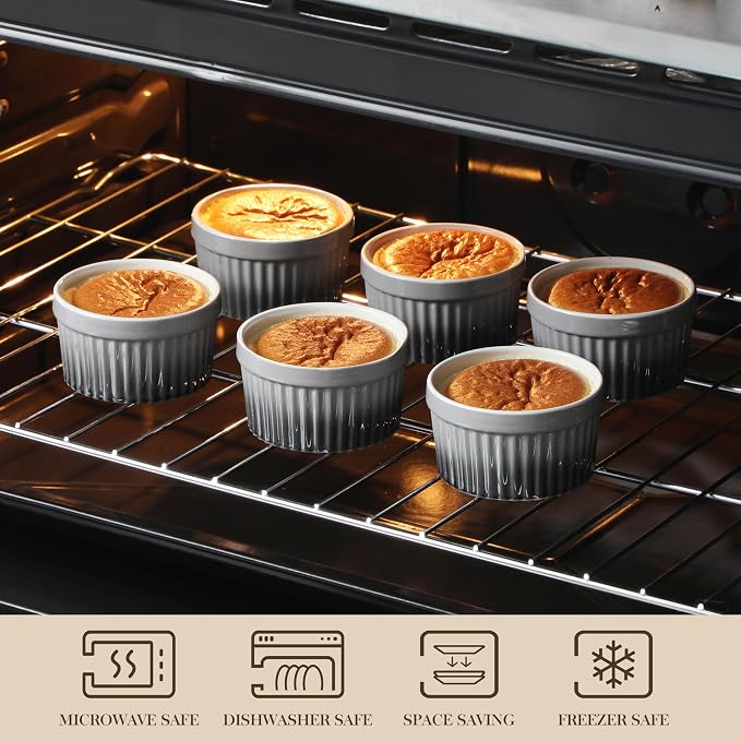 MALACASA Ramekins 8 oz Oven Safe, Large Ceramic Souffle Dishes for Baking & Serving, Stoneware Custard Cups Ramekin for Creme Brulee, Baking Bowls Set of 6, Grey, Series RAMEKIN-DISH
