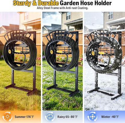Heavy Duty Garden Hose Holder include 45ft Rubber Hose 5/8" | 4 Spike Freestanding, 2 Middle Bars for Enhance Stability, Anti-Rust Outdoor, Brass Fitting, Tidy Organizer
