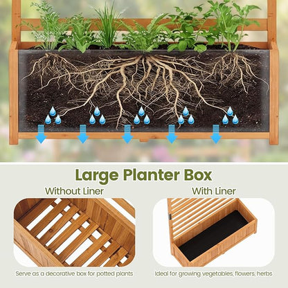 Giantex Set of 2 Raised Garden Bed with Trellis, 59” Tall Planter Box with Liner, Drainage Gaps for Climbing Vine Vegetable Flower, Indoor Outdoor Freestanding Privacy Screen for Porch Patio Yard
