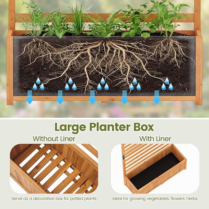 Giantex Raised Garden Bed with Trellis, 59” Tall Planter Box with Liner, Drainage Gaps for Climbing Vine Vegetable Flower, Indoor Outdoor Freestanding Privacy Screen for Porch Patio Yard