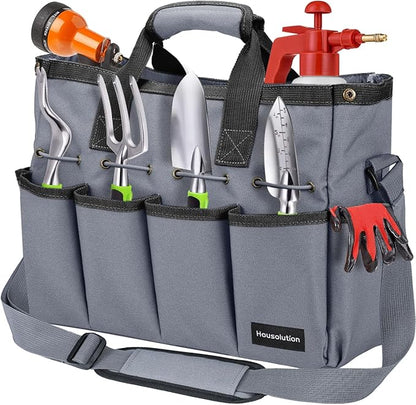 Housolution Garden Tote Bag, 900D Gardening Tool Bag, Garden Tote Storage Bag with Pockets & Long Adjustable Shoulder Strap, Home Tools Organizer Garden Tool Kit Holder, Standable, 14 Inch, Gray