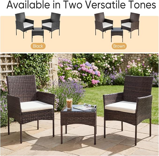 NEWBULIG 3-Piece Patio Furniture Set, Weather-Resistant Outdoor Wicker Furniture with Washable Cushion & Tempered Glass Tabletop, Durable Outdoor Seating for Balcony, Porch, Deck Brown