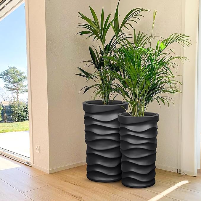Tall Planter Outdoor Indoor, 2 Pack Extra Large Plant Pots 20" 18" H Tall Large Tree Planter-Modern Matte Wavy Flower Pot for Indoor Outdoor Proch Decor (Black)
