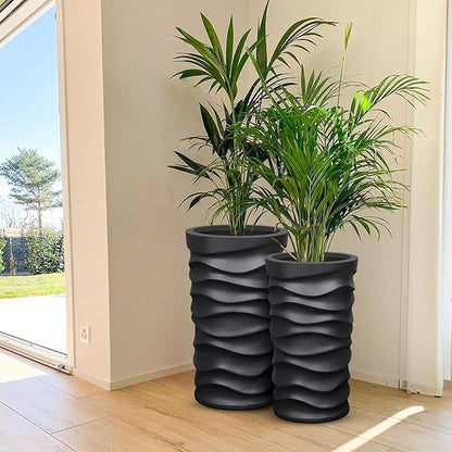 Tall Planter Outdoor Indoor, 2 Pack Extra Large Plant Pots 20" 18" H Tall Large Tree Planter-Modern Matte Wavy Flower Pot for Indoor Outdoor Proch Decor (Black)