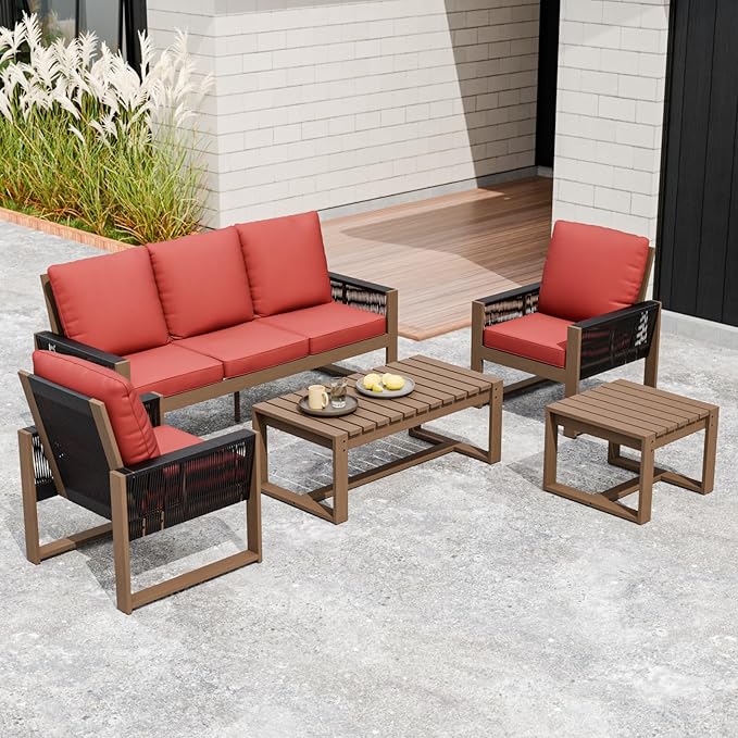 Rustic Hideaway Natural Cedar Wood Outdoor Furniture Set, Wicker Patio Conversation Set for Porch Garden Backyard, Couch, 2 Patio Chairs, Tables, 5 Piece, Brownish/Red