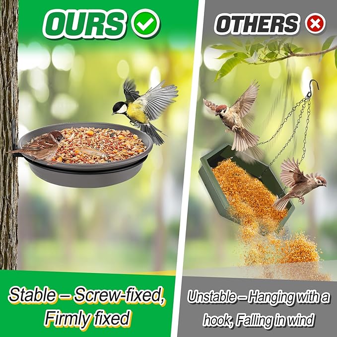 Fence Bird Feeders Tray - Tree Mounted Wild Bird Bath for Outdoors Place Food Water, Installed on Deck Wall Stakes with Heavy Duty Iron Ring, 8.3'' Dia. (Grey)